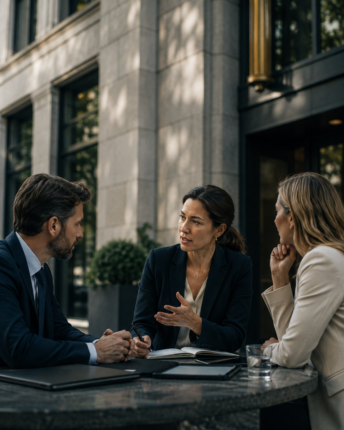 Three financial professionals in conversation around a table outside a modern office building